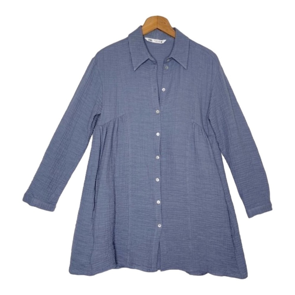 Zara Cotton Button Down Tunic Dress | Relaxed Fit Weekend Style | Blue | XS/S
